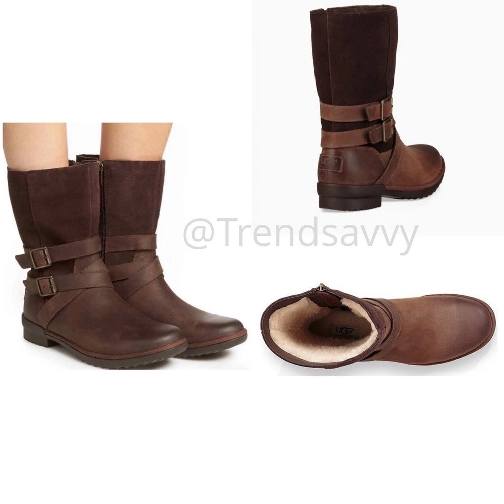 UGG Lorna Waterproof Leather Booties Coconut Brown Size 5 Shearling Lined NWT